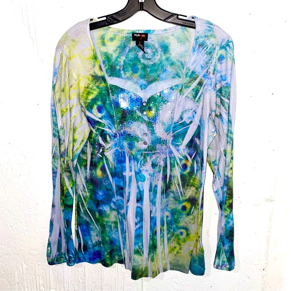 Style & Co Blue, Green and Sparkle Blouse Size L